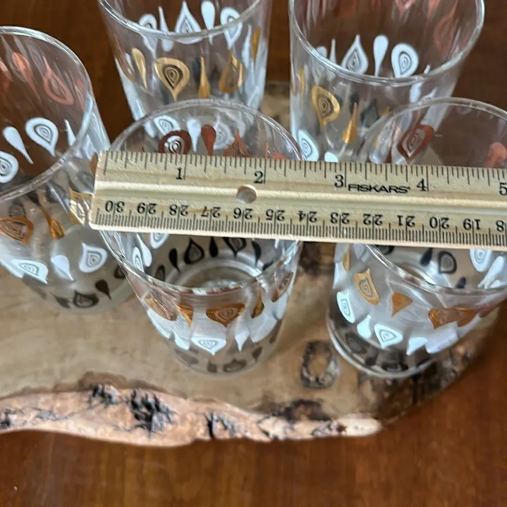 Set of 5 MCM Gold White & Black Teardrop High Ball Cocktail Glasses